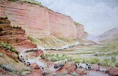 Mormonvogntog passerer gjennom Echo Canyon, øst for Salt Lake City, Utah (farge litho)