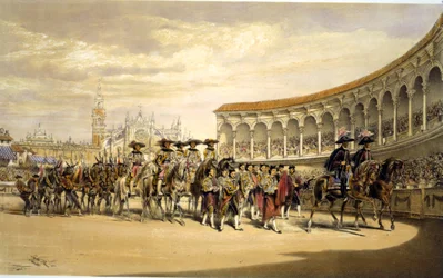 Inntreden av toreros i prosesjon. Lake Price (c1810-1896) engelsk kunstner. Tyrefektere behandler på stadion i Sevilla, Spania. Corrida Matador Tradisjonsdrakt Blood Sport Spektakel