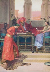 Nehemias begjæring til kongen, fra The Bible Picture Book utgitt av Thomas Nelson, ca. 1950