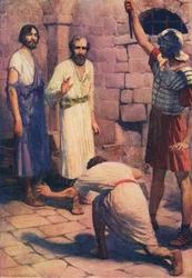 Paulus og Silas i fengsel, fra Bibelens bildebok utgitt av Thomas Nelson, ca. 1950