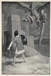 Dragen sank mot ham og åpnet sine forferdelige kjever, fra "Hero Myths and Legends of the British Race" av M.I. Ebbutt, 1910