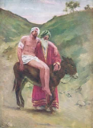 Den barmhjertige samaritan, fra The Bible Picture Book utgitt av Thomas Nelson, ca.1950