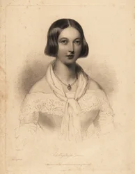 Ung dronning Victoria, tidlig på 20-tallet. Stålstiftgravering av William Henry Mote etter en illustrasjon av William Drummond fra Charles Heath's English Pearls, or Portraits for the Boudoir, Tilt and Bogue, London