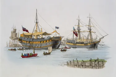 Fengselsskip, fra «Costume of Great Britain», utgitt av William Miller, 1805