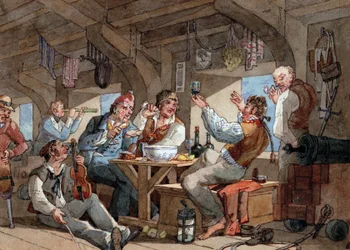 Sjømenn som drikker om bord på nedre dekk av skipet sitt, scene med fiolinist og piperøyker, lin liggende på et tau og utstyr om bord (sverd, pistol, kanon, lampe)
