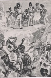 Carmichaels tilhengere skjøt en salve inn i den tette klyngen av menn: Slaget ved Bharatpur 1826 , illustrasjon fra British Battles on Land and Sea , 1915