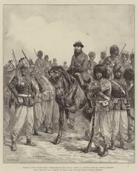General Ghous-ud-din Khan, sjef for de afghanske troppene ved Penjdeh, med sine afghanske soldater