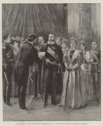 Åpning av den internasjonale utstillingen i Antwerpen, 5. mai, grev de Pret leser talen til kongen