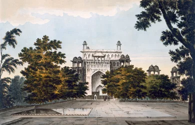 En utsikt over en del av graven til keiser Akbar ved Secundru, 1785-88 (farget akvatint)