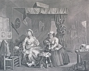 A Harlot's Progress, plate tre: arrestert av en sorenskriver, 1732 (etsing og gravering)