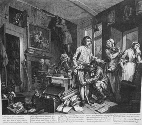 A Rakes fremgang, plate 1, den unge arvingen tar besittelse av de elendiges effekter
