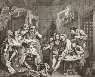 A Rake?S Progress, Plate 7: The Rake in Prison / The Path of a Disciplinary, Blad 7: Tom Rakewell i fengselet. 1735