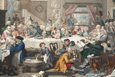An Election Entertainment, illustrasjon fra 'Hogarth Restored: The Whole Works of the berømte William Hogarth, re-gravert av Thomas Cook', pub. 1812 (håndfarget gravering)