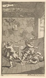 Hudibras slår Sidrophel og Whachum Sytten små illustrasjoner for Samuel Butler..., 1721-26.
