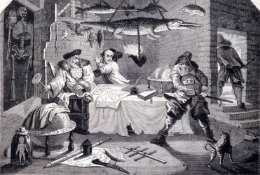 Hudribas angriper astrologen Sidrophel og hans betjent Wacum. Gravering av William Hogarth (1697-1764) for diktet "Hubridas" av Samuel Butler (1600-tallet). Omtrent 1725
