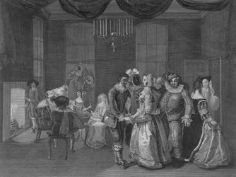 Interiørvisning av Somerset House som viser figurer kledd for en maskerade, 1805