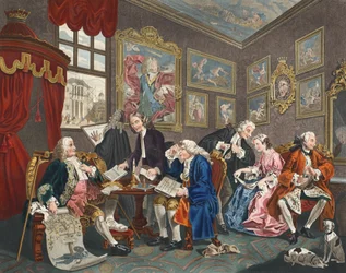 Ekteskap på mote, tavle I, Ekteskapskontrakten, illustrasjon fra «Hogarth Restored: The Whole Works of the celebrated William Hogarth, re-engraved by Thomas Cook», utgitt 1812