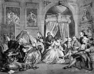 Marriage in Fashion (Marriage in Fashion): serie med 6 satiriske tavler om bryllupet til velstående mennesker. Få ham opp. Gravering av William Hogarth (1697 - 1764). 1745.