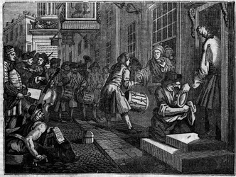 Plate fra en serie på 12 graveringer av William Hogarth (1697-1764), britisk illustratør, med tittelen "Industry and Idleness", "Zele and laziness", som forteller karrierene til to lærlinger: Goodchilds bryllup med datteren til vevermesteren hans