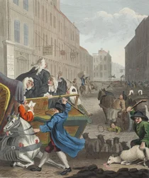 Andre fase av Cruelty, illustrasjon fra 'Hogarth Restored: The Whole Works of the celebrated William Hogarth, re-graved by Thomas Cook', pub. 1812 (håndfarget gravering)