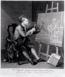 Self Portrait Painting the Comic Muse, gravert av kunstneren, pub. 1758