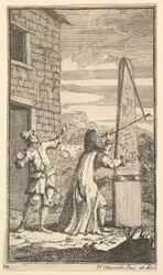 Sidrofel undersøker dragen gjennom teleskopet hans Sytten små illustrasjoner for S..., 1721-26.
