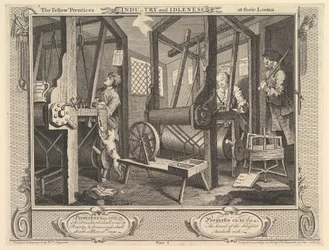 The Fellow Prentices at their Looms: Industry and Idleness, plate 1, 30. september 1747.