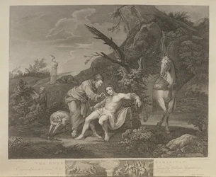 Den barmhjertige samaritan, gravert av J.M. Delatre og Simon Francis Ravenet, utgitt av John Boydell (1719-1804) 1772
