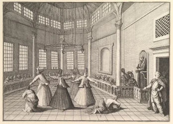 Innsiden av en moske, dervisjene som danser Aubry de La Mottrayes reiser gjennom..., 1723-24.