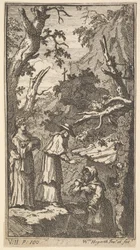 The New Metamorphosis, Plate 7: The Cardinal, a Eremit and Donna Angela Holding Fantasio, 1724.