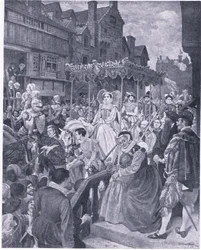 Queen Marys statsinntreden i Edinburgh 1561, fra Cassells History of the British People utgitt av Waverley Book Company, ca. 1950-tallet (litho)