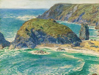 Asparges Island, Kynance, Cornwall (blyant og akvarell forsterket med hvitt og med utskraping)