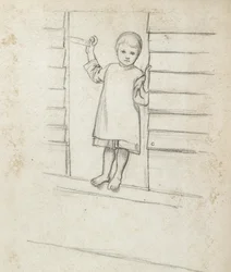 Jente i en Pinafore, stående på en vindushylle, ca. 1868 - 1869 (grafitt på papir)