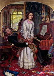 Den oppvåknende samvittigheten. En ung kvinne i synd hopper plutselig opp, plaget av en åndelig åpenbaring, og søker å unnslippe sin elskers armer. Maleri av William Holman Hunt (1827-1910)