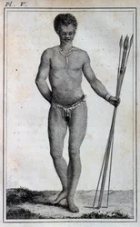 Khoikhoi-mannen (Hottentot), fra Travels of Le Vaillant inn i de indre delene av Afrika via Kapp det gode håp, i årene 1783
