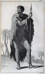 Khoikhoi-mannen (Hottentot), fra Travels of Le Vaillant inn i de indre delene av Afrika via Kapp det gode håp, i årene 1783