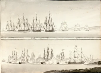 Ulike malemåter for linjer med slagskip, tidlig på 1800-tallet (penn, gråvask)