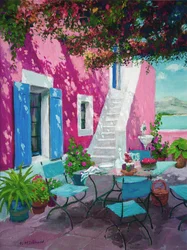 Varm rosa terrasse (olje om bord)