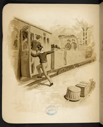 Å sette seg på et damptog.  The Holiday Train: en sang av "Dulce Domum" ... Illustrert av W. J. Webb.  Frederick Langbridge  London, 1891