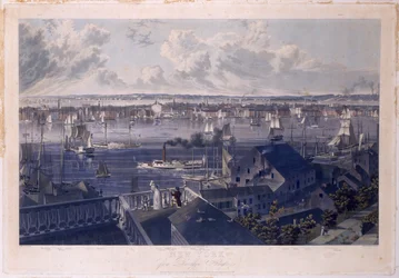 New York fra Brooklyn Heights, 1837 (håndfarget etsning og akvatint)