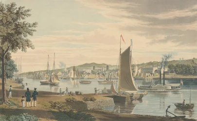 Troy: Tatt fra West Bank of the Hudson foran United States Arsenal, pub 1838.