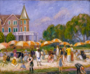 Strandparasoller ved Blue Point, ca. 1915.