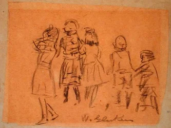 Fem barn (svart kritt på papir)