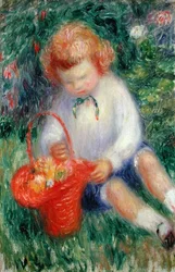 Lenna med en kurv med blomster (olje på lerret)
