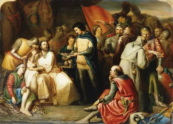 Scene i teltet til Edvard den svarte prins etter slaget ved Poitiers: «Han behandlet kong Johan som en æret gjest da han satt ved festmåltidet, for med ærbødig mine og bar panne oppvartet prinsen ham»