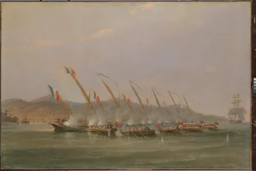 Kaptein Robert Maunsell erobrer franske kanonbåter utenfor Java, juli 1811, ca. 1811 (olje på lerret)