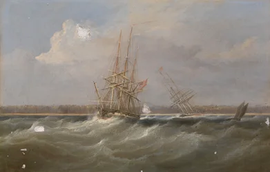 Opiumklipperen «Sylph» berget av sluppen «Clive», ca. 1835 (oljemaleri)