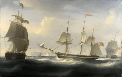 Skipet «Delaford», bygget på Themsen i 1788 for handel mellom London (England) og Øst-India. Olje på lerret, ca. 1830, av William John Huggins (1781–1845).