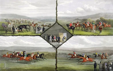 Racing Incidents, gravert av Edward Gilbert Hester (ca. 1843-1903) utgitt av Arthur Ackermann, 1876 (farget akvatint)