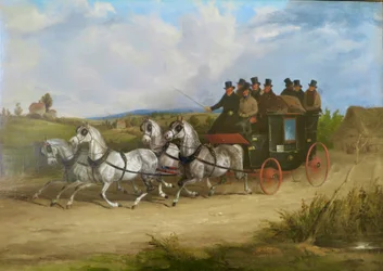 Stagecoachen fra London til Brighton tegnet av et spann med grå hester (olje på lerret)